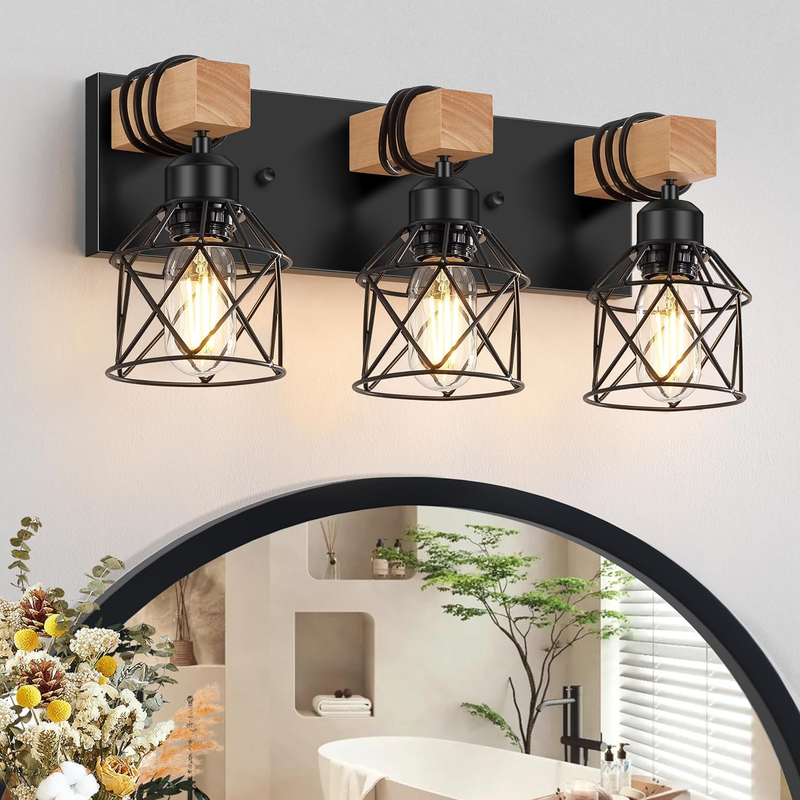 3-Light Wood Bathroom Vanity Light Fixtures Over Mirror,Wood Bathroom Vanity Lig