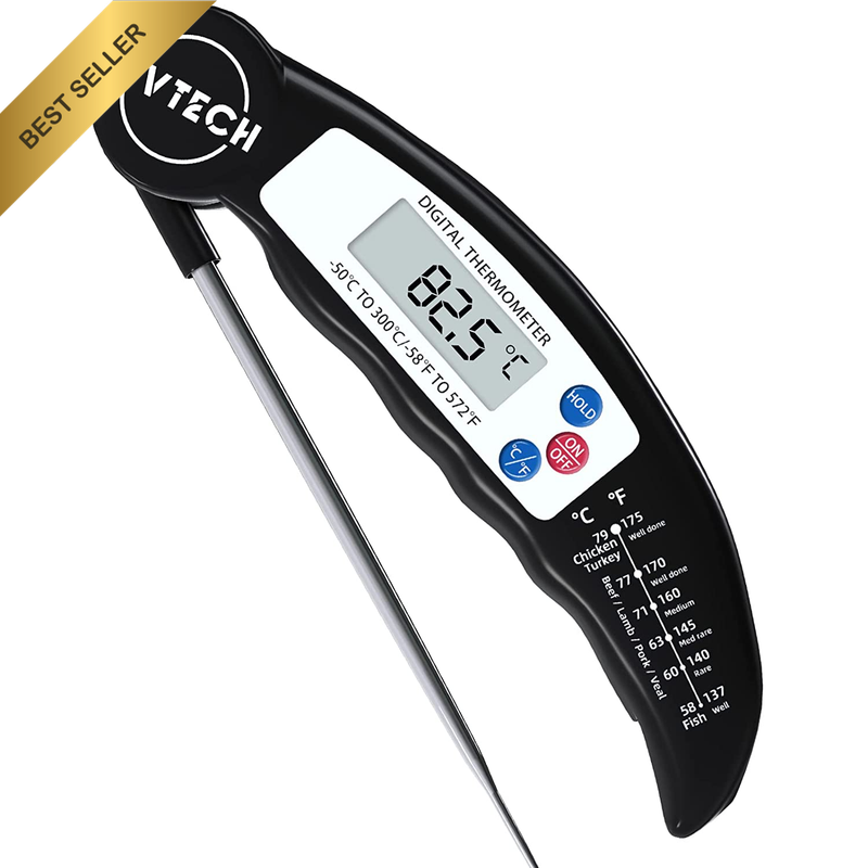 Digital Instant Read Meat Thermometer, Foldable Long Probe, °F/°C, Auto On/Off,
