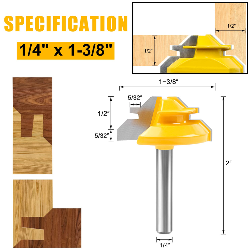 45 Degree Lock Miter Router Bit 3-Piece Set, for 1/2”, 5/8”, 3/4” Cutting Height