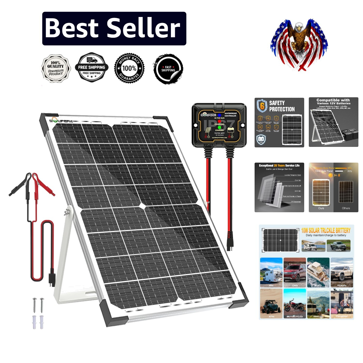 30W Solar Charger with MPPT Controller & Adjustable Bracket for 12V Batteries