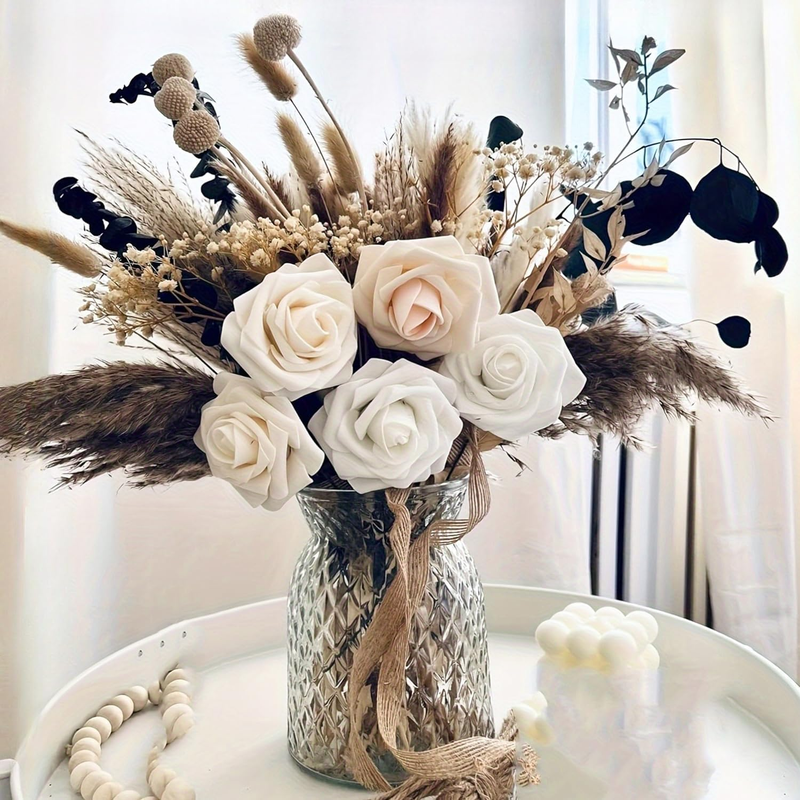 17 Inch Brown Dried Grass Bouquet, Faux Roses and Green Eucalyptus Accents, Rust