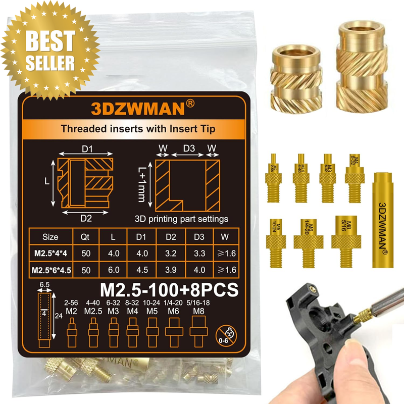 M2.5 Threaded Inserts with M2-M8 Heat Set Insert Tools,Brass Metric Knurled Nuts