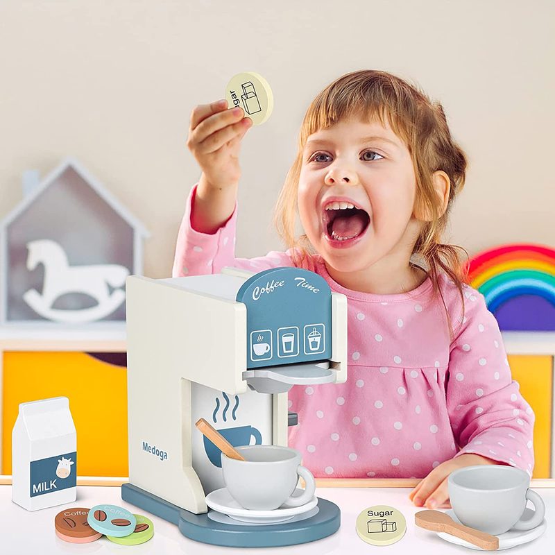 Play Kitchen Accessories Kids Wooden Coffee Maker Toy Espresso Machine Toddler T