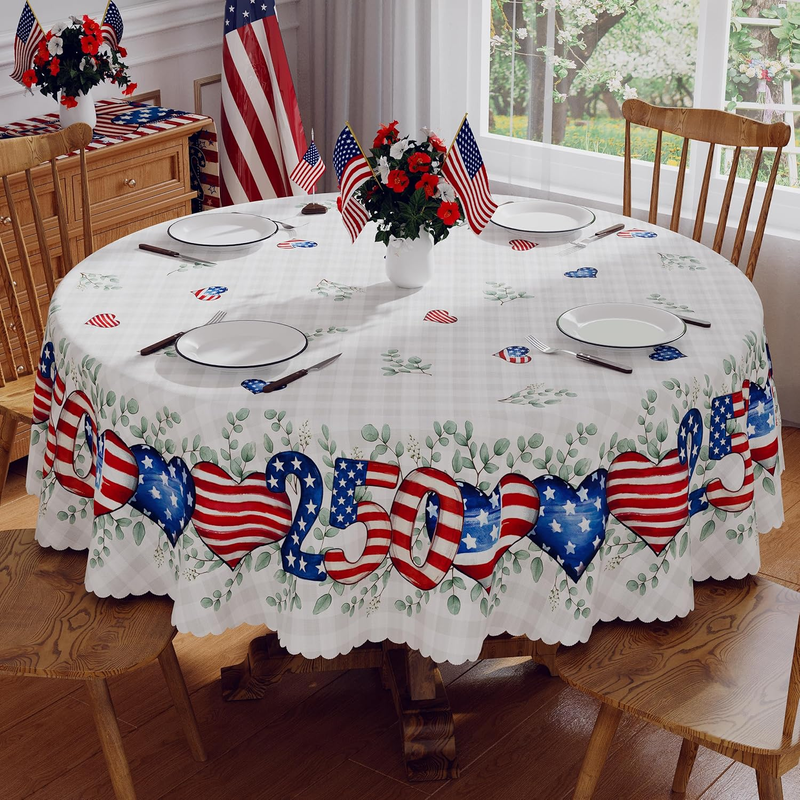 4Th of July Tablecloth round 70 Inch, 250 Anniversary USA Merchandise Patriotic Decorations Washable Blue Red America Heart Memorial Day Table Cloth Waterproof Scalloped Edge Table Cover