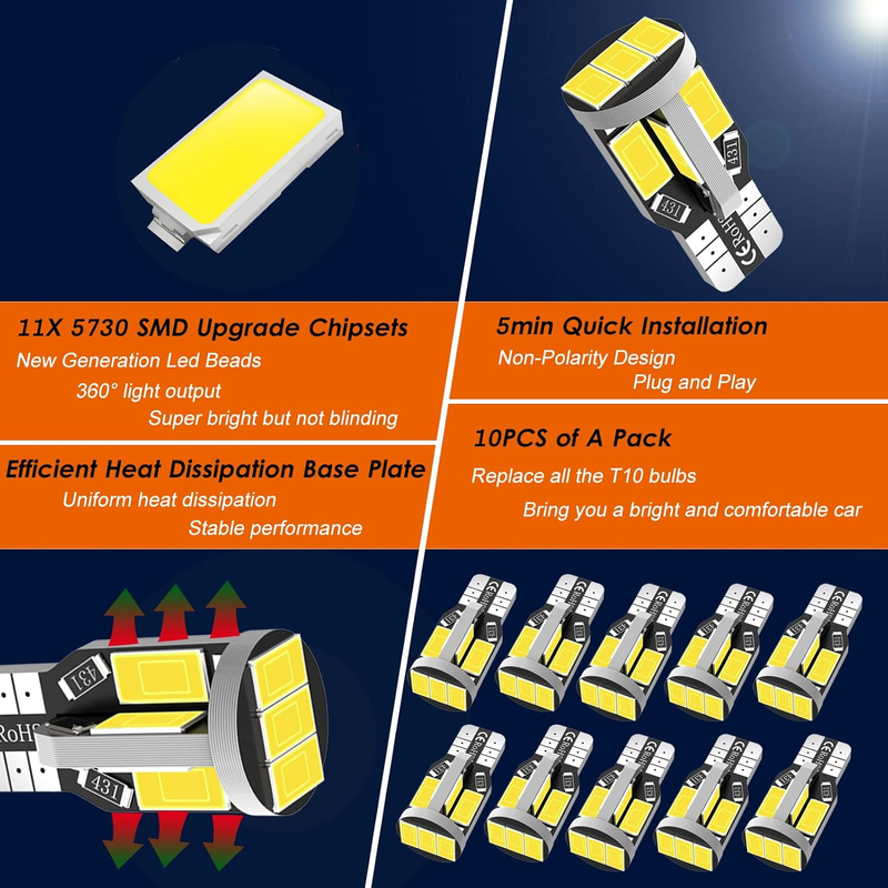 194 LED Car Bulb T10 168 2825 W5W LED Bulb, Extremely Bright 12V 11SMD 5630 Chip