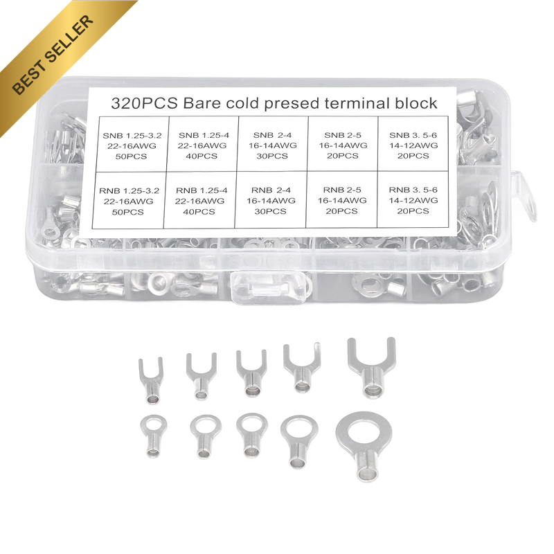 320Pcs 10 in 1 Copper Wire Crimp Fork Terminal Kit, Non-Insulated Ring Fork U-Te