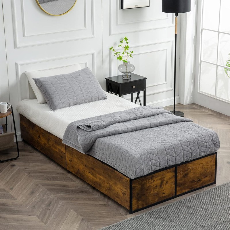 Twin XL Bed Frame with 2 XL Storage Drawers, Metal Platform Bed Frame with Fo...