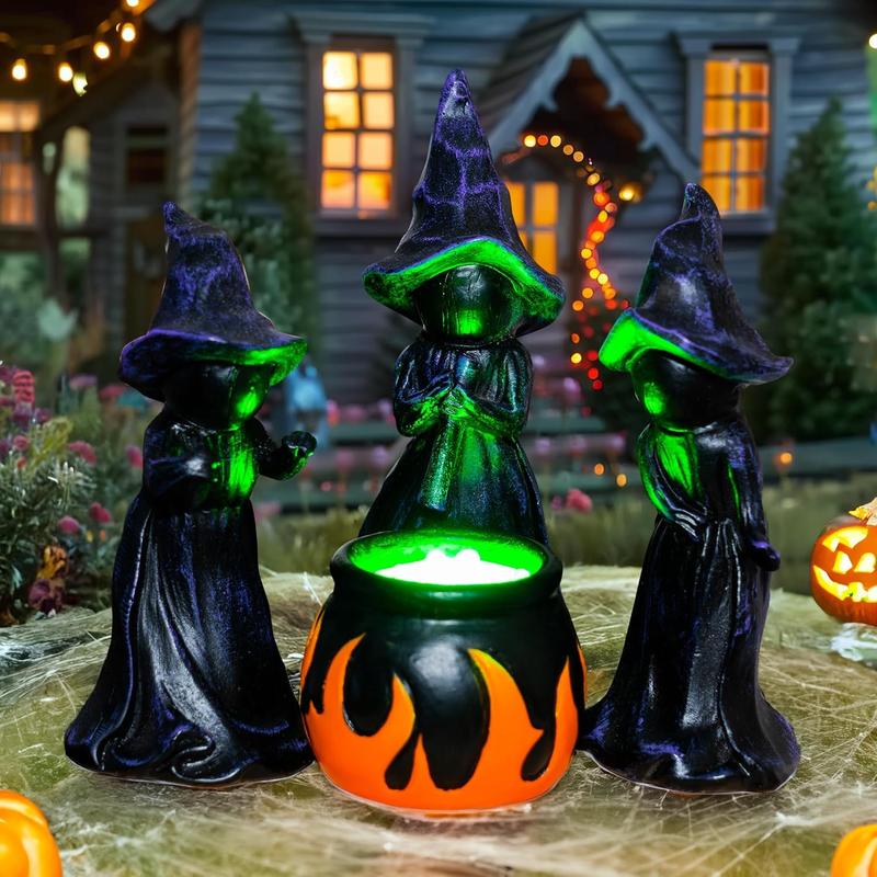 4PCS Halloween Mini Witch Cauldron Figurines Lighted Table Shelf Decor