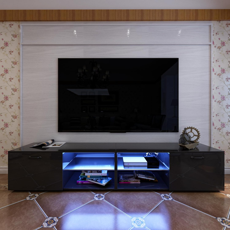 For 70/75/80/85 Inch Tv, Black Entertainment Center With Led