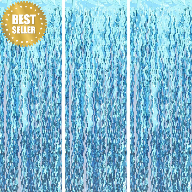 3 Pack Wavy Blue Foil Fringe Curtain Mermaid Party Tinsel Backdrop