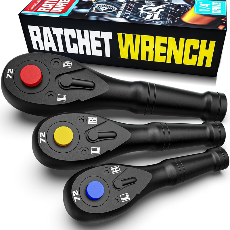 3PCS Stubby Ratchet Set, 1/4'', 3/8'', 1/2'' Drive Mini Ratchet Handle Wrench, 7