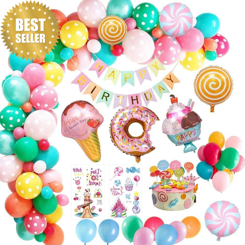 Candy Theme Birthday Balloon Garland Kit with Donut, Ice Cream and Lollipop Foil