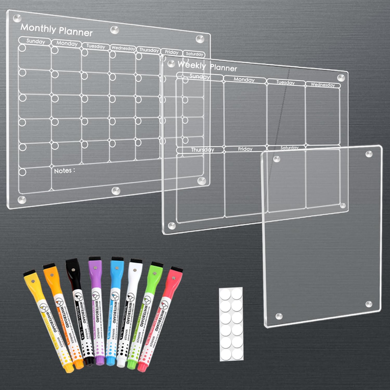 3-Pack Acrylic Magnetic Calendar for Fridge Planner Clear Board Set Including 8