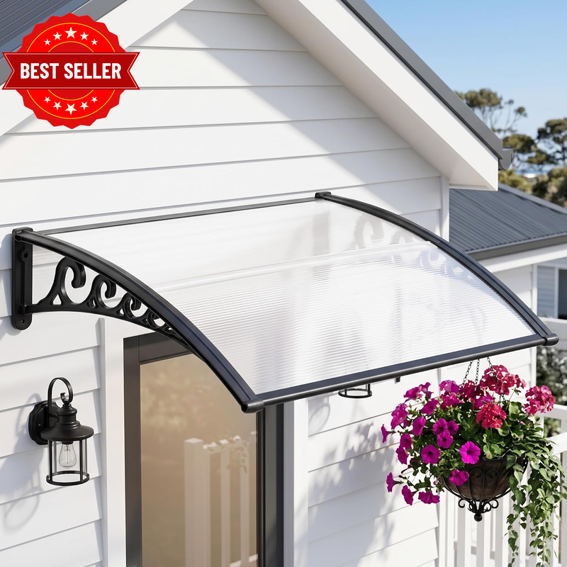 Window Awning 0.8Mx1M, Awnings Outdoor with Transparent Hollow PC Panel & Black