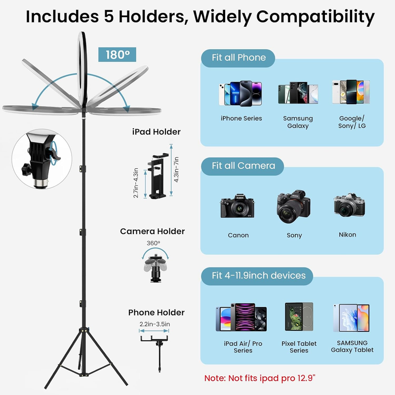 22" Ring Light with 75" Tripod/LED Display/2 USB Ports, 2600K-6500K Dimmable LED