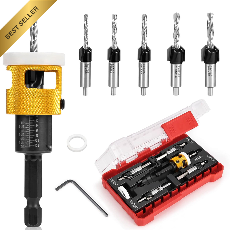 5PCS Countersink Drill Bit Set, Low Friction Depth Stop, 1/8 9/64" 5/32" Drill +