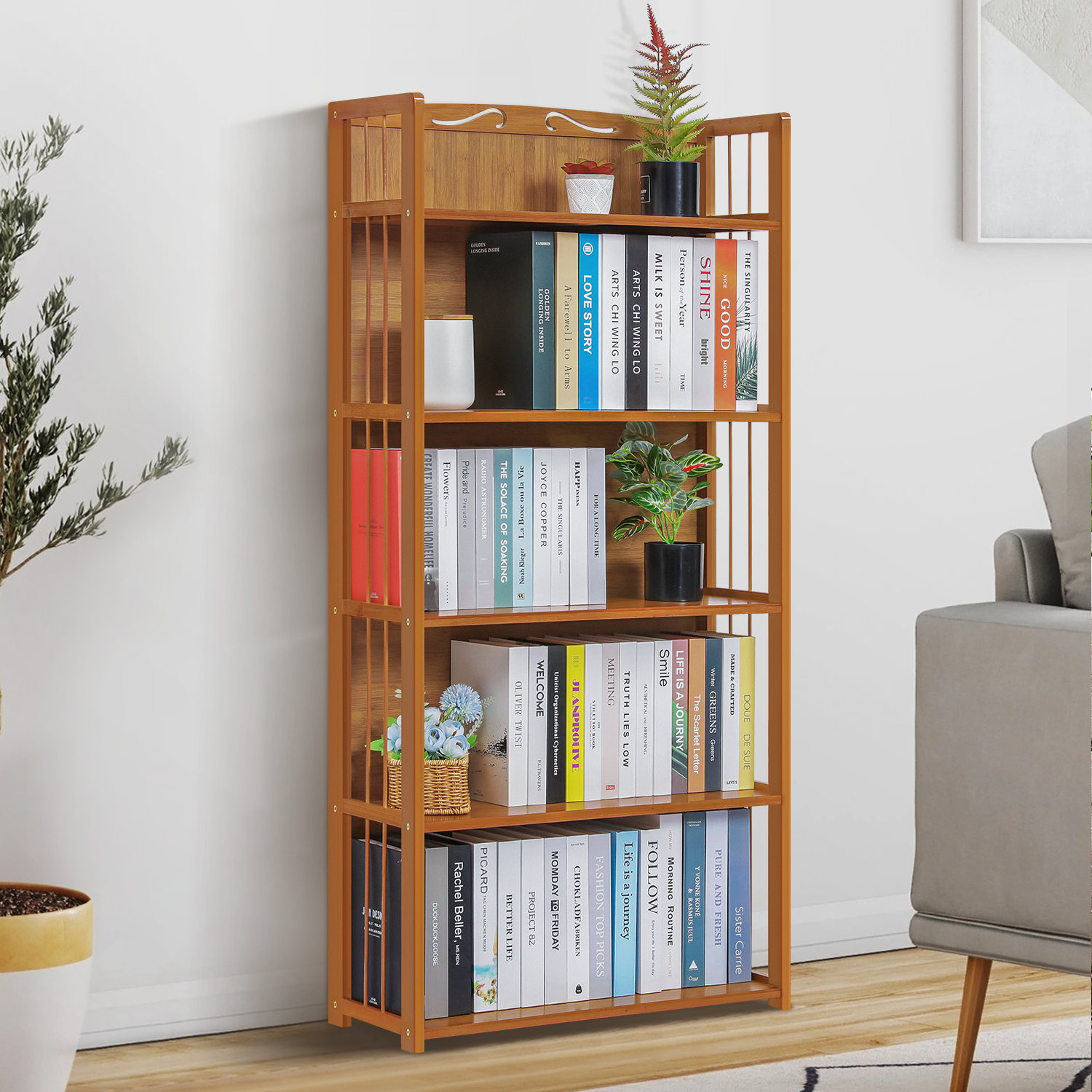 28"Natural Bamboo [ENCLOSED BACK] 5-Tier Freestanding Bookcase Home Display Case