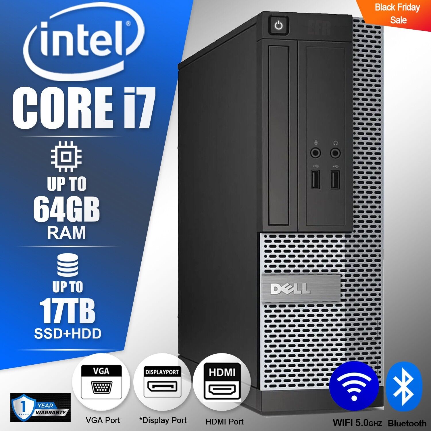 DELL Desktop Computer PC i7, up to 64GB RAM 17TB SSD/HDD, Windows 10/11, WiFi BT DELL Desktop Computer PC i7, up to 64GB RAM 17TB SSD/HDD, Windows 10/11, WiFi BT