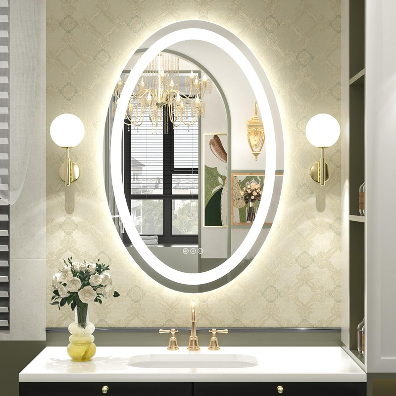 Oval LED Bathroom Mirror 24X36, Lighted Bathroom Mirror with Lights, Oval LED Bathroom Vanity Mirror, Anti-Fog, Shatter-Proof, Dimmable, Memory, 3 Colors (Front Lights + Backlit)