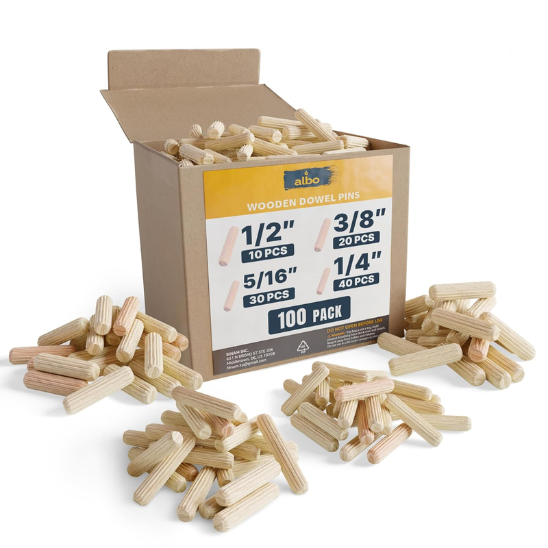 Wooden Dowel Pins 100 Pack Assorted Sizes 1/2 + 3/8 + 5/16 + 1/4 inch Fluted Woo