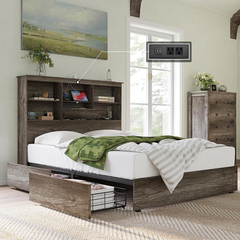 Wooden Platform Bed With 51.2'' Storage Bookcase Headboard,