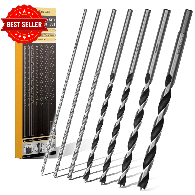 TOOLMAYS 7pc Brad Point Wood Drill Bit Set 230mm Extra Long 4-12mm
