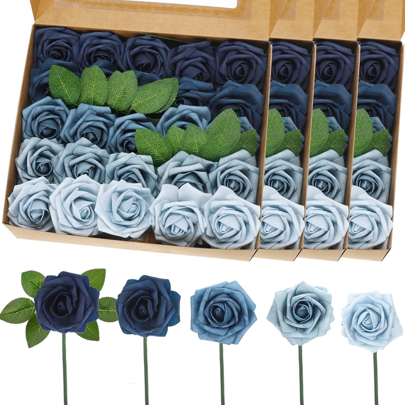 100 Pieces Artificial Foam Rose Flowers Faux Bouquet with Leaves and Stems for DIY Wedding Bouquets Centerpieces Bridal Shower Party Valentine Home Decorations(Shades of Blue)