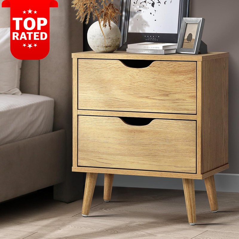 Wooden 2 Drawer Nightstand Bedside Side Table with Storage Rustic Design