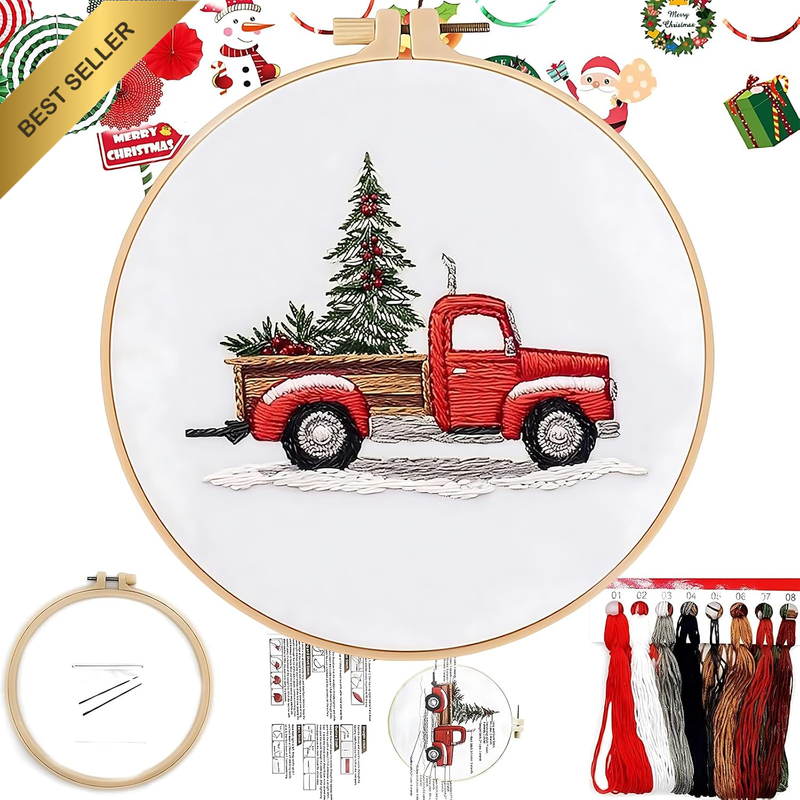 Christmas Embroidery Kit for Beginners, Winter Snow Scene with Pine & Car, Easy-
