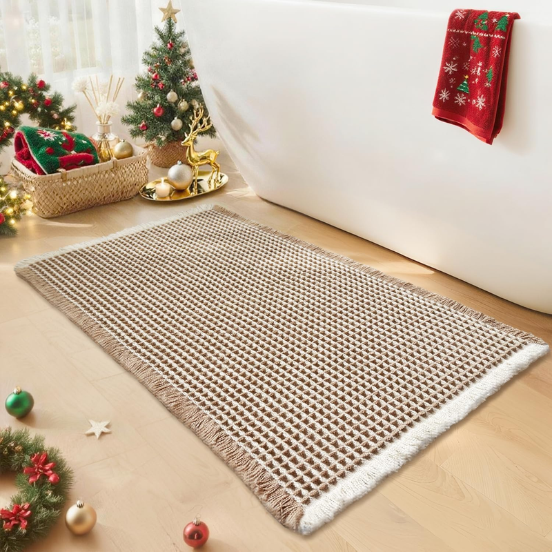Waffle Bath Mat - Boho Bathroom Rugs Non Slip Washable, Super Absorbent & Quick