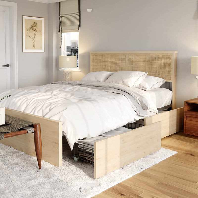 Natural Rattan Queen Bed Frame with Wooden Headboard and 4 Storage Drawers, Boho