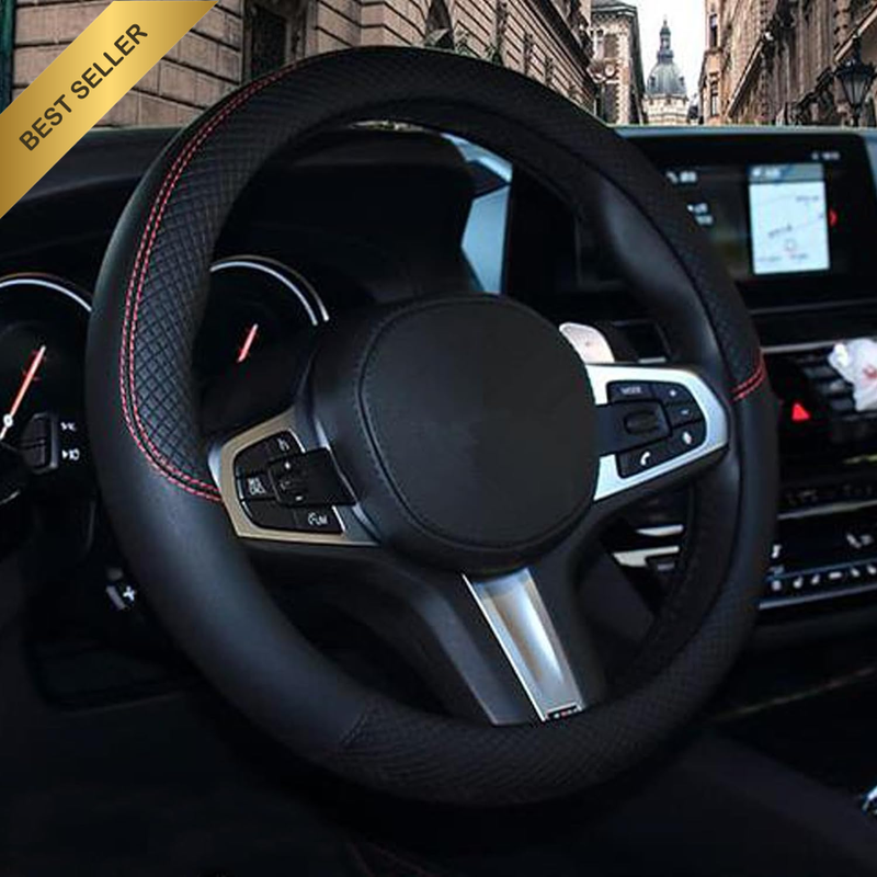 Genuine Leather Steering Wheel Cover Universal 15 Inch Non-Slip Black