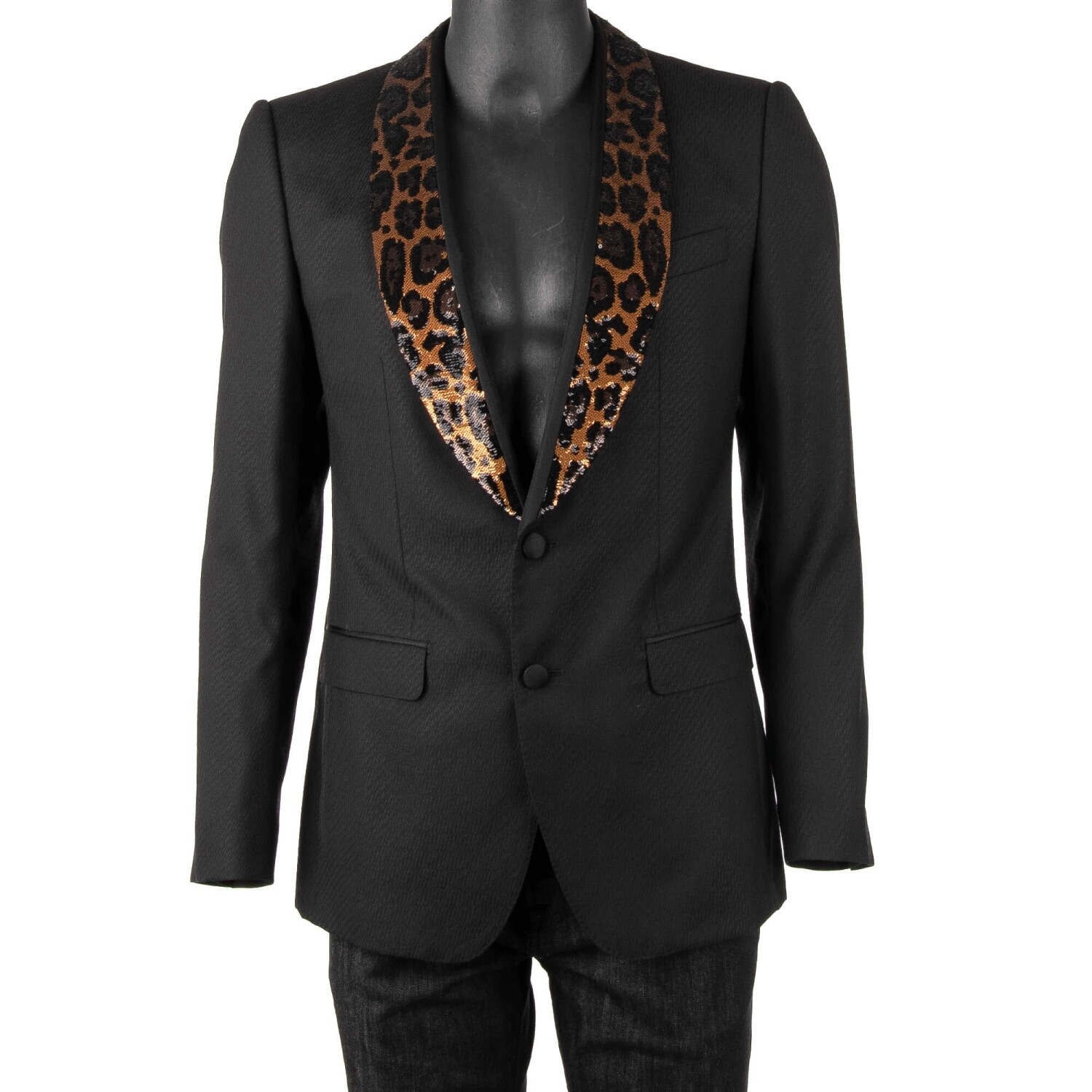 Pre-owned Dolce & Gabbana Tuxedo Blazer Jacket Sicilia W Sequins Leopard Lapel Black 09742