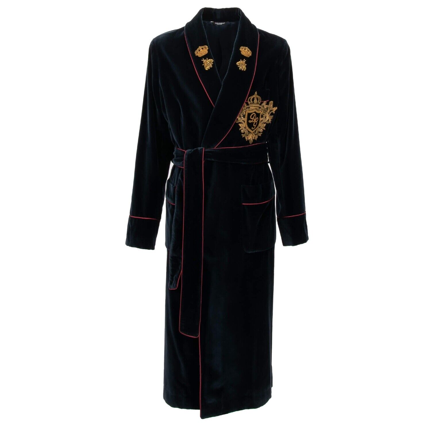 Pre-owned Dolce & Gabbana Velvet Robe Coat Blazer Bee Crown Embroidery Blue Red 12368