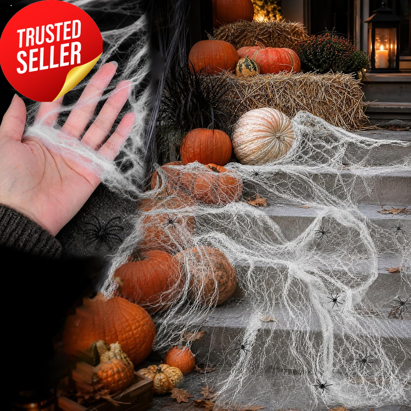 Halloween Spider Web Decoration White Cotton 100G 20 Black Spiders