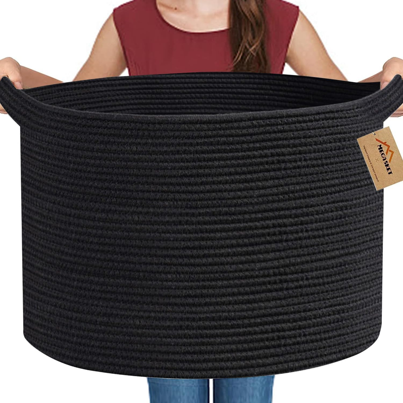 MEGASKET Large Black Blanket Basket - 22"x22"x14" - Woven Ro