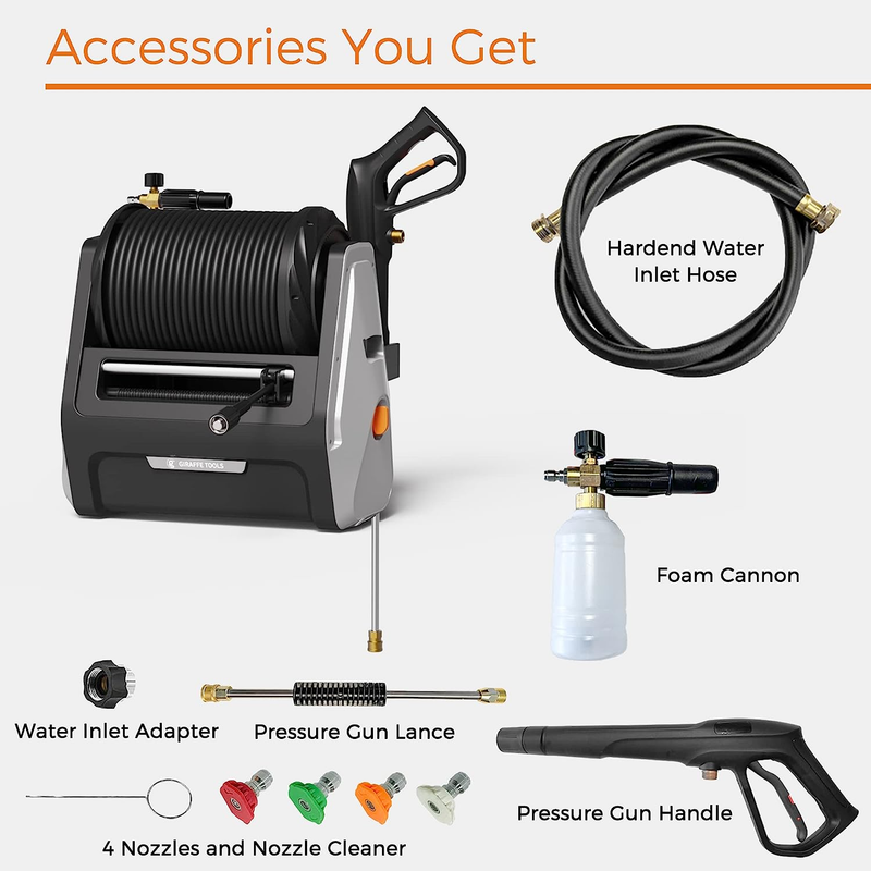 Electric Pressure Washer Cleaner 100 Feet Hose Auto Retract Reel Wall Mounted