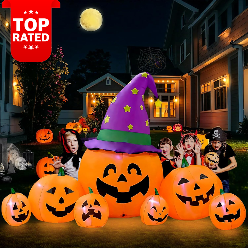 7.9FT Inflatable Pumpkin Group Witch Hat Outdoor Halloween Decor Lawn Party