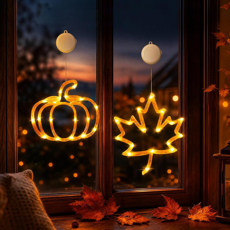 Herbstdeko Fenster Licht, Herbst Dekoration Kürbis Ahornblatt Mit LED Licht