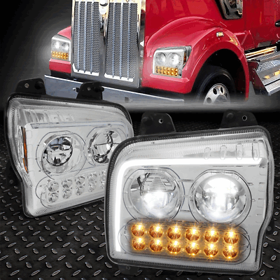 [Последовательный указатель поворота] Для 19-24 светодиодных фар Kenworth W990 с полной подсветкой, Хром