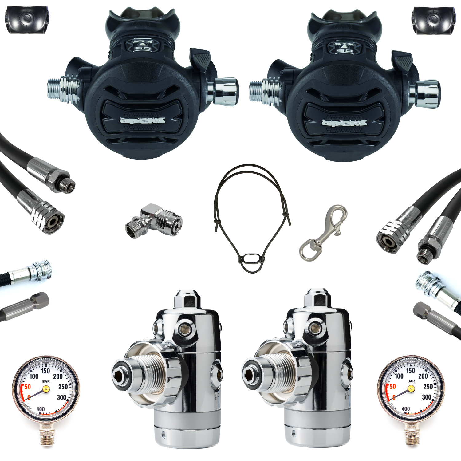 SF-1: Apeks XTX 50 Sidemount Set - Gummi schwarz - Flex Inflator - SPG 0-400 bar