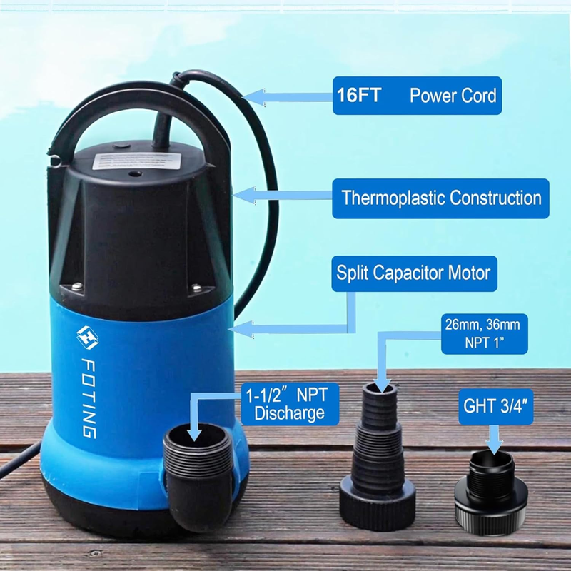 Sump Pump 1HP Clean/Dirty Submersible Water Pump, Thermoplastic Portable Utility