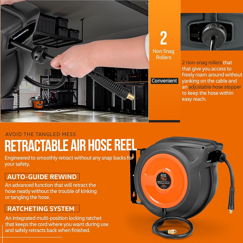 Air-Hose-Reel Retractable 3/8" X 50' Feet Long Industrial Water Premium Commerci