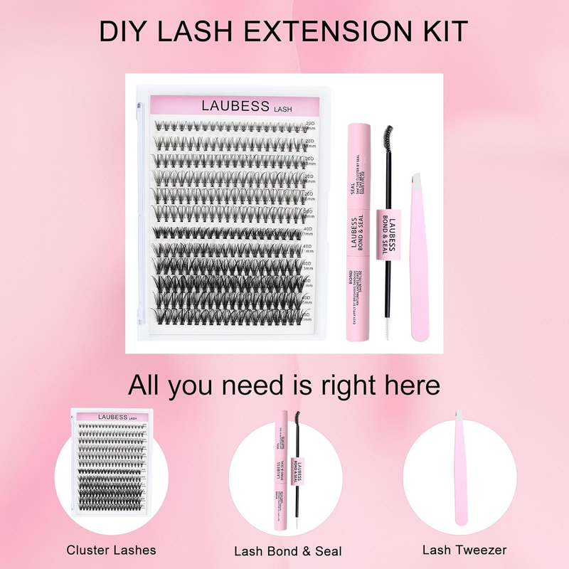 Lash Extension Kit 20D+40D Clusters With Bond and Seal - Waterproof DIY Eyelash
