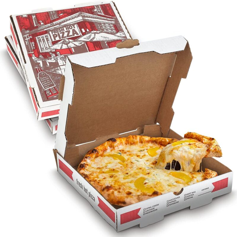 MT Products 10" x 10" x 1.75" White and Red B-Flute Pizza Box - Pack of 10
