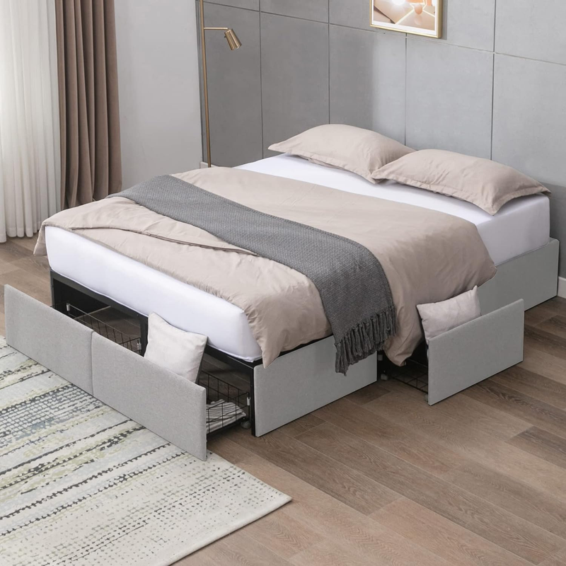 With 4 Storage Drawers,upholstered Platform Metal