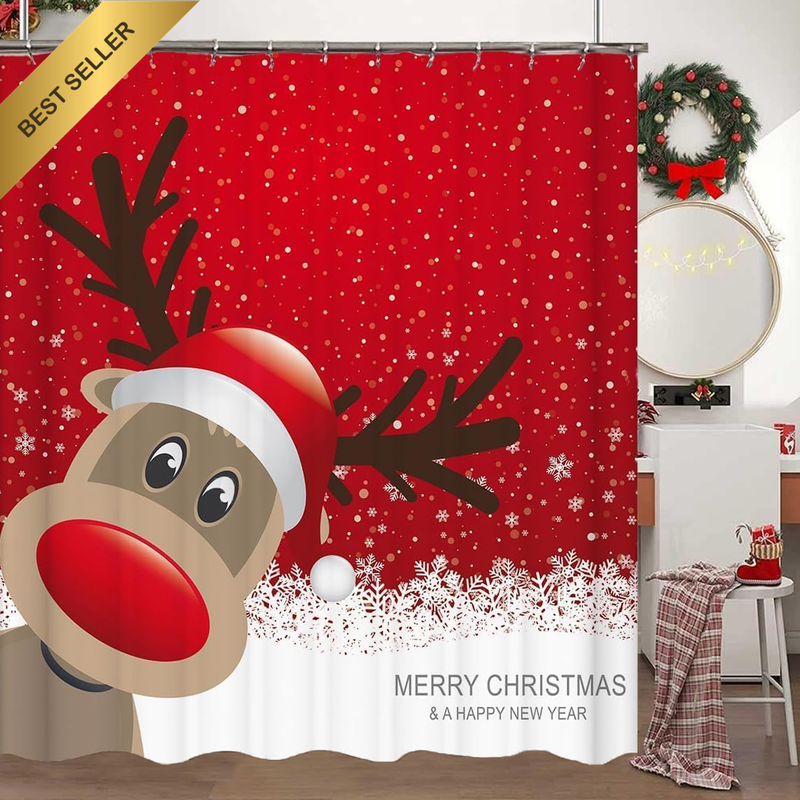Red Christmas Shower Curtain 72x72 Deer Snowman Winter Rustic Bathroom Decor