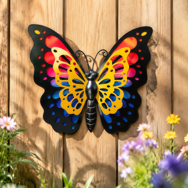 Metal Butterfly Wall Decor - Outdoor Fence Wall Art Decor, Glass Hanging Decorat