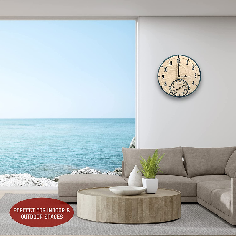Taylor by the Sea Poly Resin Indoor and Outdoor Clock and Thermometer, 14 Inches
