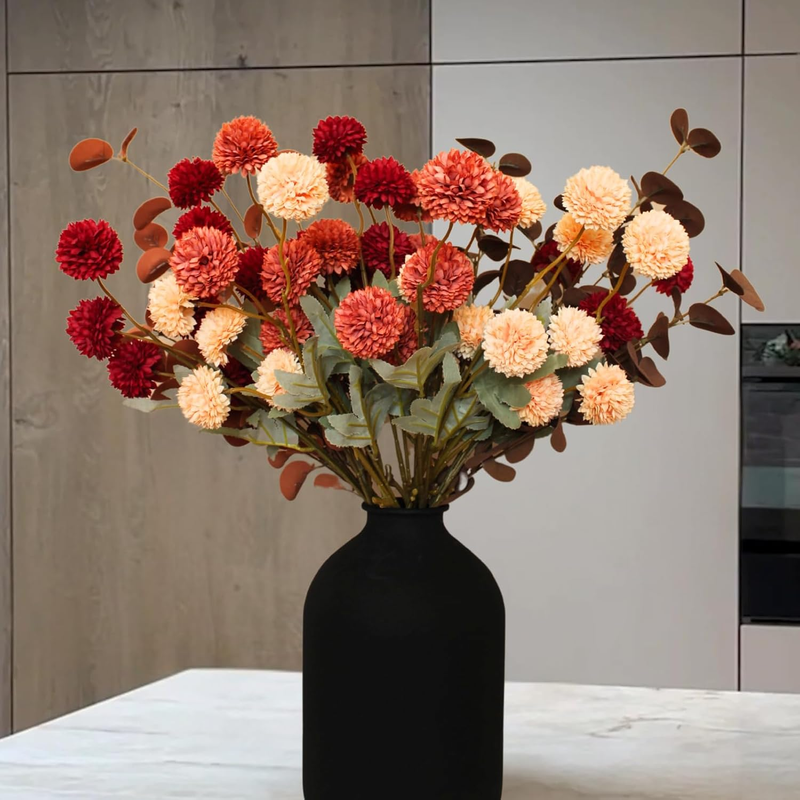 Fall Flowers, Burnt Orange Faux Kiku Flowers Artificial 10 Stems + Eucalyptus, F